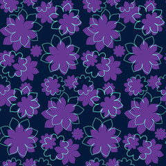 Obraz premium A vibrant, seamless floral pattern features dark purple and lighter violet flowers. Some blossoms are outlined in bright aqua against a deep navy blue background.