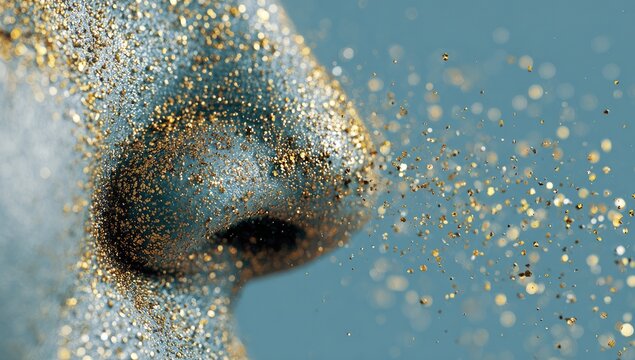 Close-up of a human nose exhaling sparkling glitter particles.