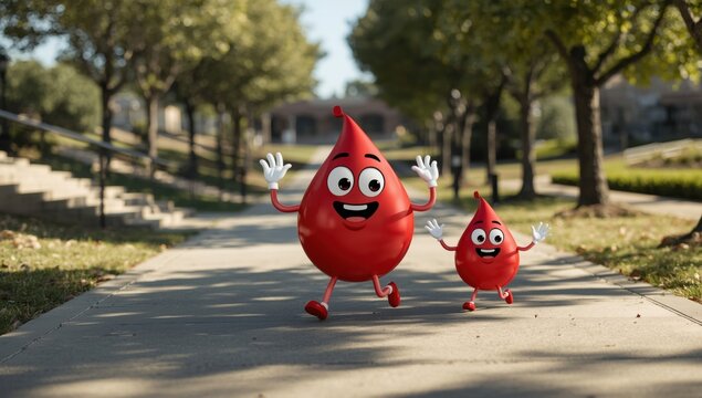 Cute red drop characters running happily on a sunny park pathway during a bright summer afternoon outdoors