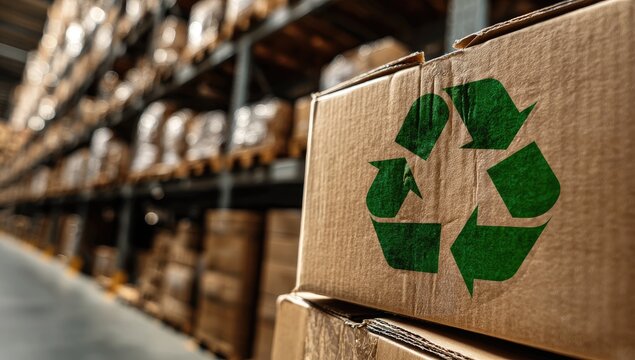 A close-up shot showcases a cardboard box prominently displaying the green recycling symbol within a warehouse setting, emphasizing sustainability and logistics.
