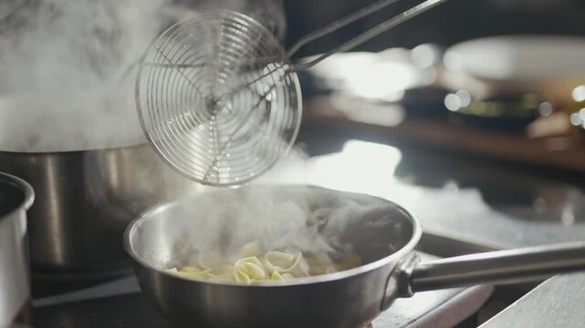 Steam rises from a steaming pot. Hands lift pasta with a strainer. Cooking action captured in three frames. Professional kitchen setting, close-up view. Ideal for food, cooking, or culinary content