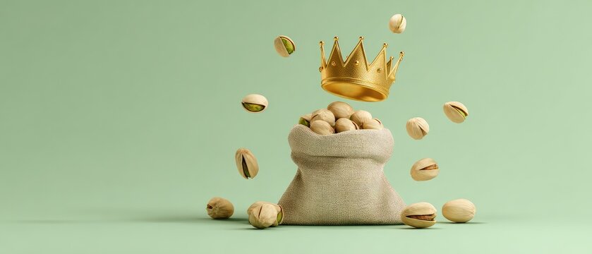 Golden Crown Floating Above a Sacks of Pistachios with Nuts Levitating.