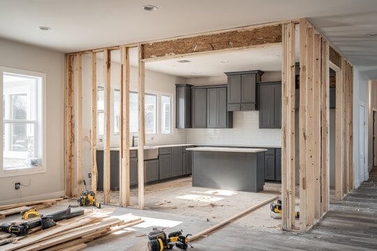 Interior home renovation in progress showing kitchen and living area framing.