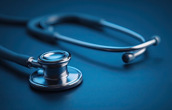 A close-up shot showcases a silver stethoscope resting on a deep blue surface, symbolizing healthcare and medical examination.