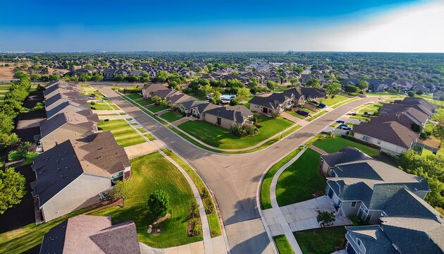 aerial view of suburban neighborhood in suburbs dallas texas usa aerial view of a cul de sac at a neighborhood road dead end with built homes