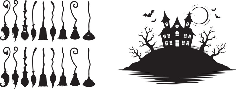 Spooky halloween elements featuring magic witch broomsticks and a haunted mansion silhouette on a hill
