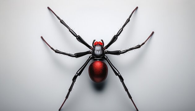 a top down view of a black widow spider against a stark background the spider s body has a distinctive red mark on its abdomen