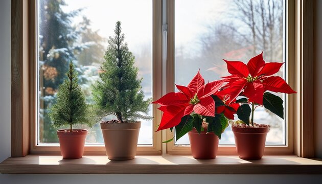 potted poinsettias and mini evergreens on windowsill