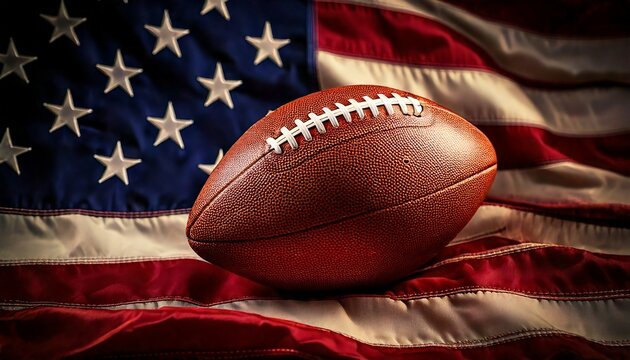 closeup shot of an american football on an american flag generative ai photorealism hyper realistic american football league sports illustrations rugby ball