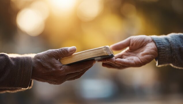 A close-up shot depicts two hands exchanging a worn, antique book, bathed in warm, golden light, symbolizing knowledge, faith, and the passing of wisdom.