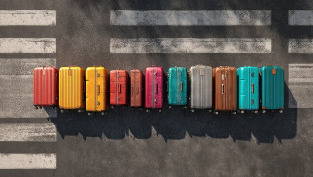 Overhead View of Colorful Suitcases Lined Up on a Crosswalk.