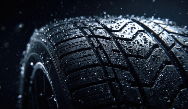 A close-up shot showcases a wet tire tread pattern against a dark, moody background, highlighting its grip and performance capabilities.