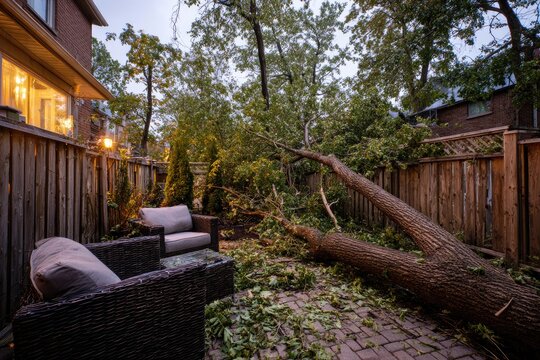 A large tree branch has fallen onto a backyard patio, causing significant damage to the fence and surrounding area.