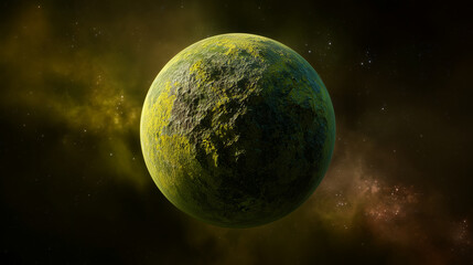 Obraz premium Textured extraterrestrial world suspended in starry cosmos, yellow green rocky exoplanet, dramatic sci fi astronomy scene, deep space background, celestial sphere and futuristic un