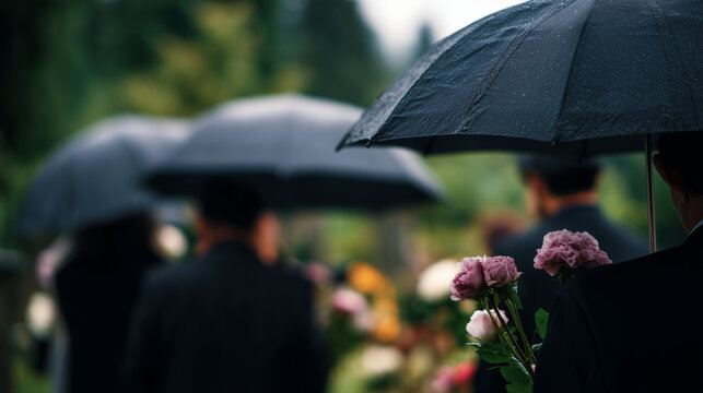 People gathered under umbrellas during rainy graveside funeral, mourning, sympathy and remembrance concept, solemn farewell, respectful memorial service and peaceful emotional cere