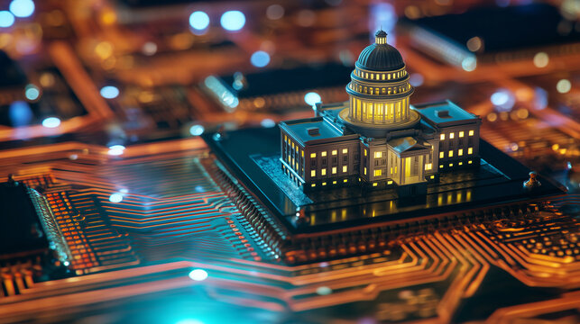 Miniature Capitol building on futuristic circuit board, glowing government technology concept with illuminated architecture, digital policy, AI regulation, cyber governance and mod