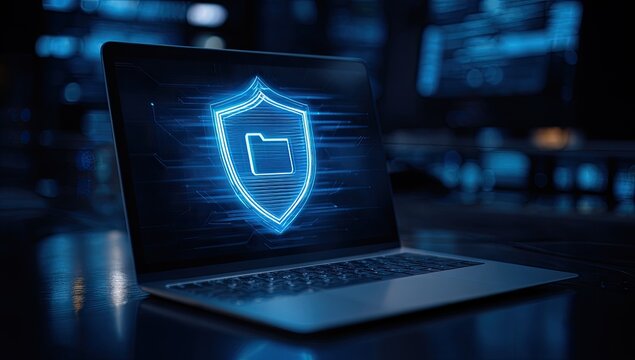 Digital Security Shield Protecting Data on Laptop Screen.