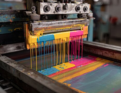 A close-up shot showcases the intricate process of screen printing, revealing vibrant inks cascading onto a fabric surface within a bustling industrial setting.