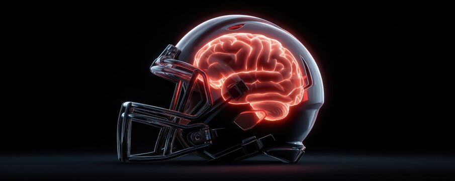 A glowing human brain is encased within a sleek, black American football helmet, symbolizing the cognitive demands of the sport.