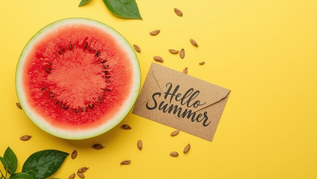 Fresh sliced watermelon half with hello summer note on bright yellow background, with green leaves, and scattered seeds