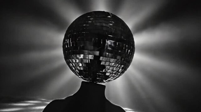 Surreal black and white studio shot of person with a disco ball head, radiating light and shadows