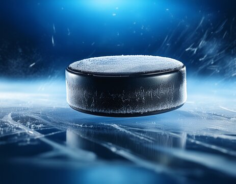 frozen hockey puck gliding above the icy surface with a cool blue background highlighting motion and dynamic energy in sports