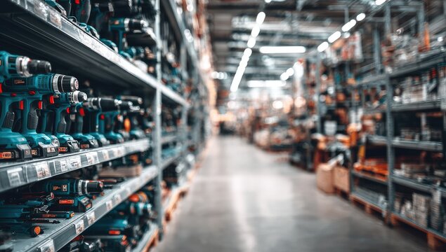 Rows of power tools fill the shelves of a large hardware store, creating a sense of abundance and choice.