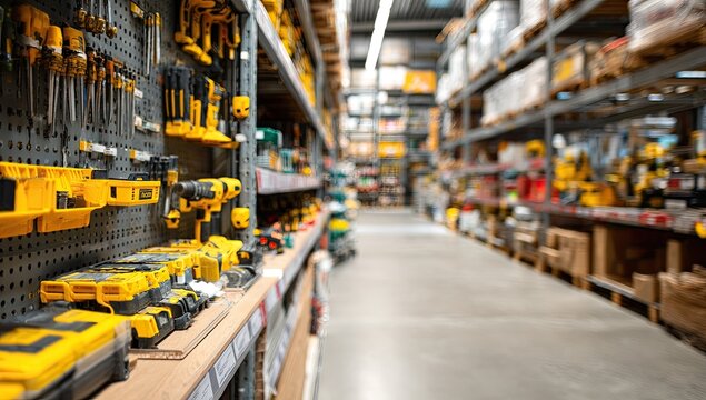 A brightly lit aisle in a hardware store showcases a variety of tools and equipment neatly organized on display shelves, creating a sense of abundance and utility.