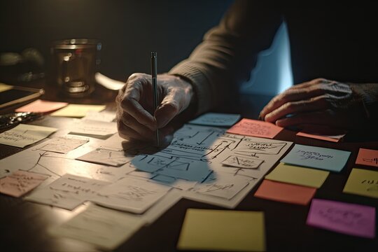 A focused individual meticulously works on a complex project, sketching diagrams and jotting notes on a table illuminated by warm light, suggesting a creative and strategic process.