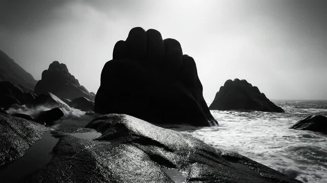 Dramatic black and white ocean scene with large rocks and crashing waves on a cloudy day