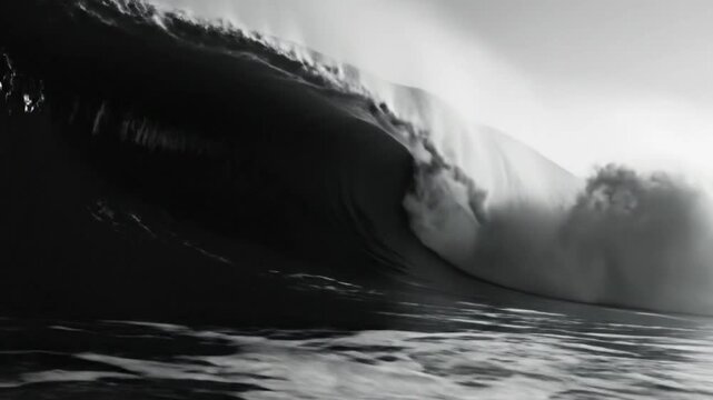 Monochromatic cinematic wave crashing with a beautiful barrel and light reflecting off the water surface
