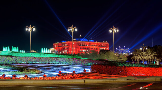 Emirates Palace and Rixos Hotel Abu Dhabi Illuminated at Night National Day