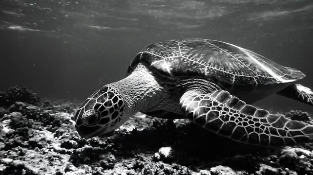 Black and white underwater cinematic shot of a beautiful sea turtle swimming near a rocky seabed in the ocean