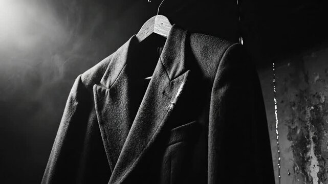Dramatic black and white close-up of a coat hanging on a wooden hanger with a blurred smoky background