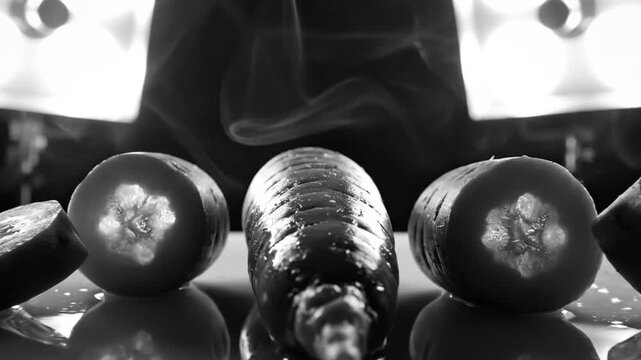 Black and White Artistic Culinary Still Life with Sliced Vegetables and Vapor Smoke