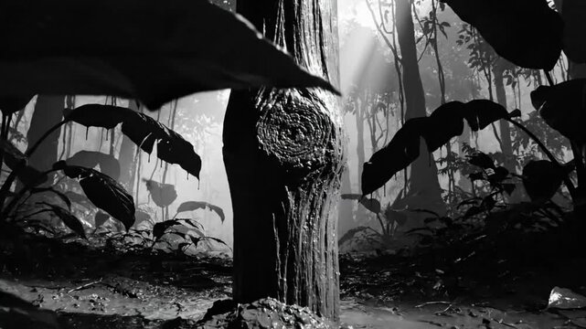 Mysterious primeval forest scene with a weathered tree trunk in monochrome, rays of light shining through the canopy