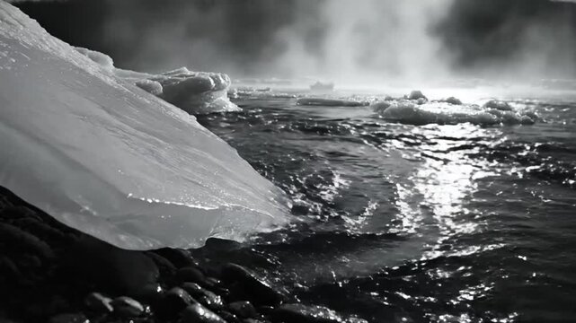 Black and white ice sheet breaking into pieces with a river flowing in the background near the shore