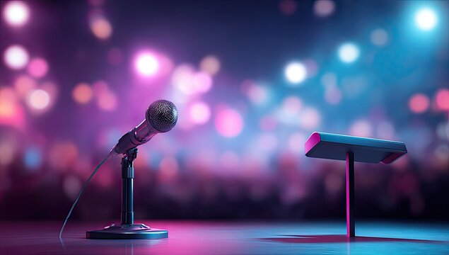 Empty Stage with Microphone and Lectern Under Colorful Lights.
