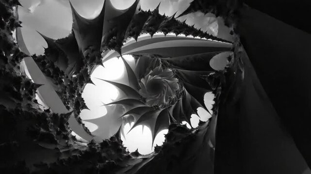 Abstract Spiraling Fractal Tunnel in Black and White with Dynamic Movement for Visual Effects