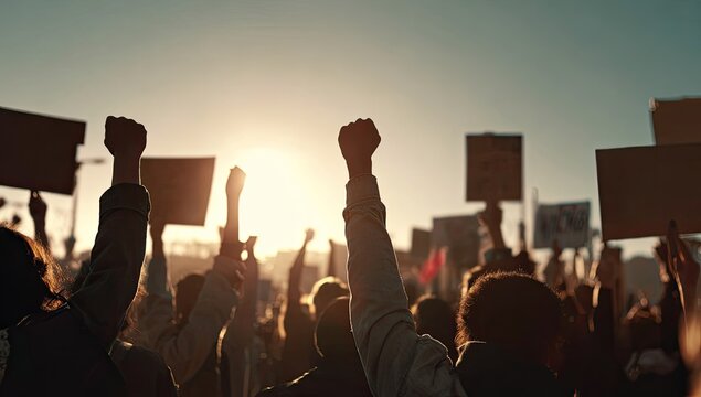 Crowd of people raising fists and signs at sunset protest.