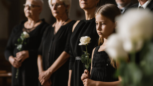 Grieving family at funeral holding white rose, solemn memorial ceremony with child and mourners in black clothing, respectful farewell scene with flowers, remembrance and quiet emo