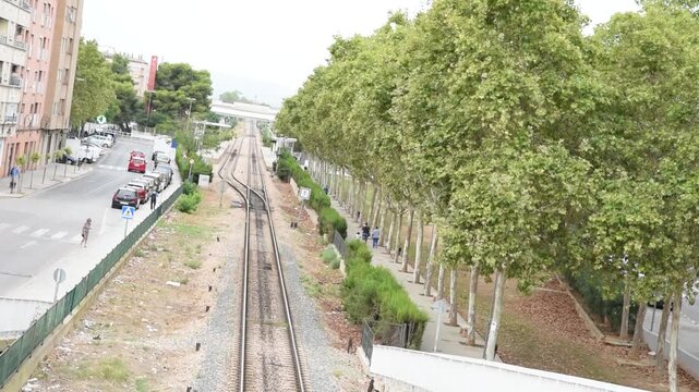 Train tracks perspective view in countryside - Transportation background concept