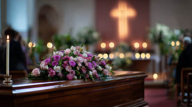 Polished wooden coffin with flowers during church funeral service, mourning, grief, remembrance, sympathy, respectful farewell, memorial ceremony and solemn spiritual atmosphere sc
