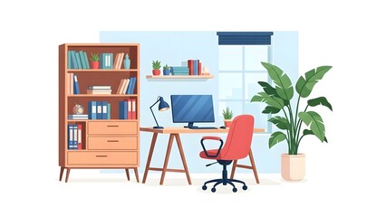 Fototapeta premium Modern Home Office Setup with Bookshelf and Computer.