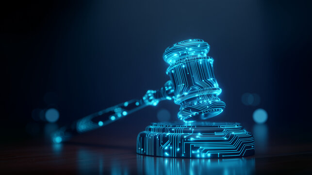 Judge gavel with glowing AI circuit pattern on dark legal platform, artificial intelligence regulation concept, digital law, governance, ethics, compliance and futuristic justice t
