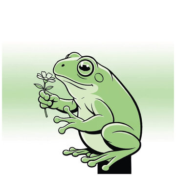 Green Frog Holding a Small Flower.