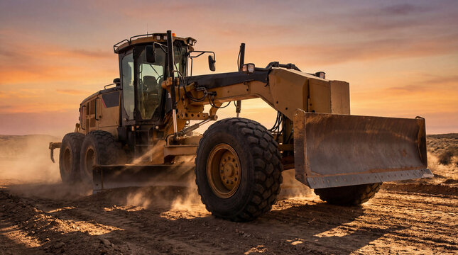 Heavy Duty Grader with Angled Blade in Desert Landscape at Warm Sunset Construction Scene