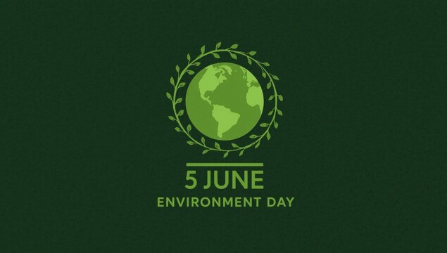 June 5 environment day with earth globe inside a circular leaf wreath on a dark green textured background