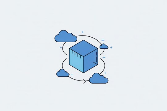 Cloud storage technology with an abstract representation of data flow connecting a central cube and surrounding clouds symbolizing digital connectivity and modern solutions