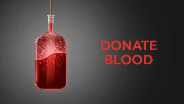 Medical donation bag concept with red liquid and glowing vascular network for healthcare awareness
